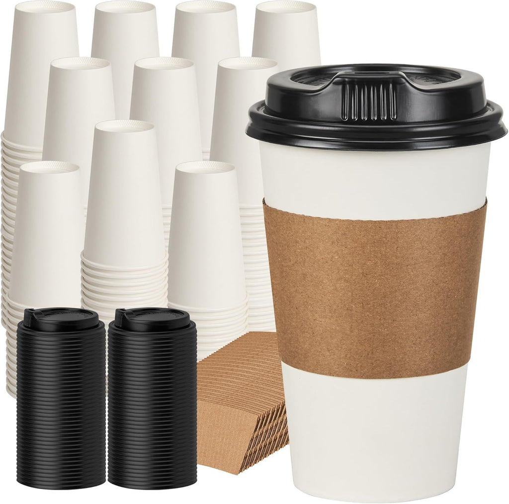16 oz 500 Pack Coffee Cups with Lids and Sleeves, Hot Paper Coffee Cups with Lids, Disposable To Go Cups with Lid for Coffee, Tea, Hot Chocolate, Ideal for Cafes, Offices and Travel