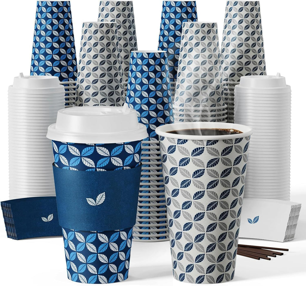 16 oz Coffee Cups with Lids 100 Pack, Disposable Hot Paper Coffee Cups with Lids, Sleeves and Stirrers for Thanksgiving, Christmas, Parties