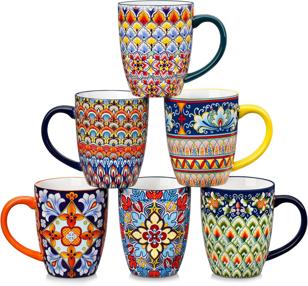 16 oz Coffee Mugs Set of 6, Large Ceramic Mug with Handle, Boho Coffee Cups for Latte, Cappuccino & Hot Chocolate, Dishwasher & Microwave Safe Gift Set, Series