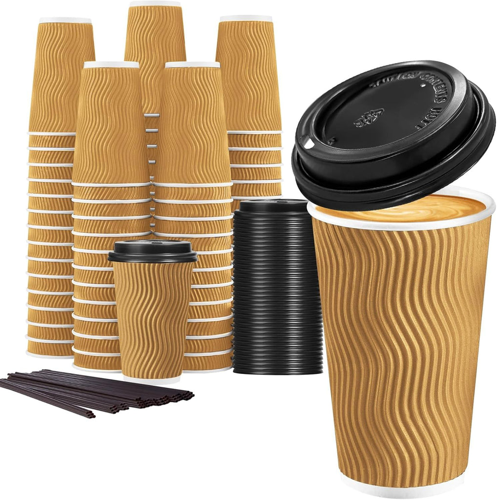 16 oz Disposable Coffee Cups with Lids, 50 Pack Insulated Hot Cups To Go Paper Coffee Cups with Lids and Straws, Corrugated Ripple Wall Cup for Hot Drink, Office, Coffee Bar (Champagne)
