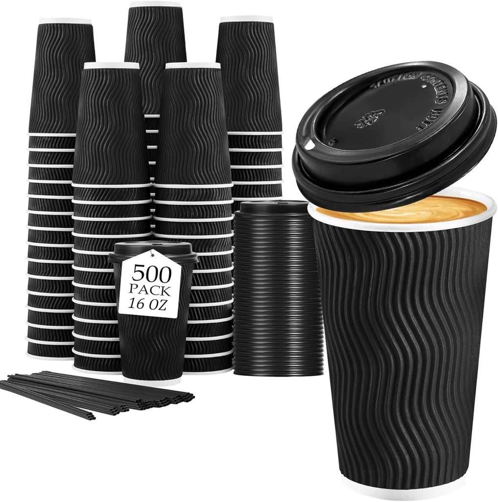 16 oz Disposable Coffee Cups with Lids, 500 Pack Insulated Hot Cups To Go Paper Coffee Cups with Lids and Straws, Corrugated Ripple Wall Cup for Hot Drink, Office, Coffee Bar (Black)