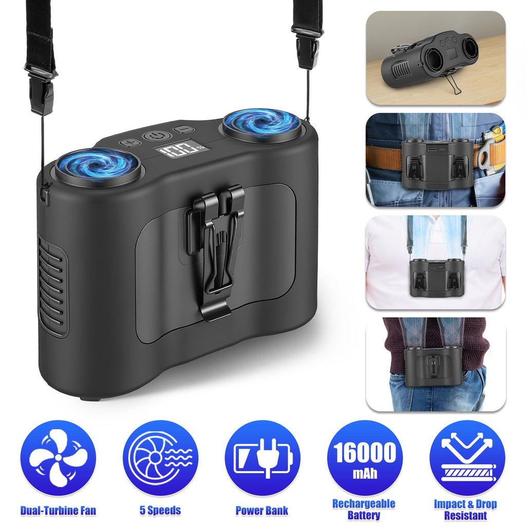 16000mAh 4 In 1 Dual-Turbine Waist Clip Fan Wearable Personal Fan Hands-Free with 5 Speeds LCD Display Lanyard Double As Power Bank for Jobsites Camping Hiking