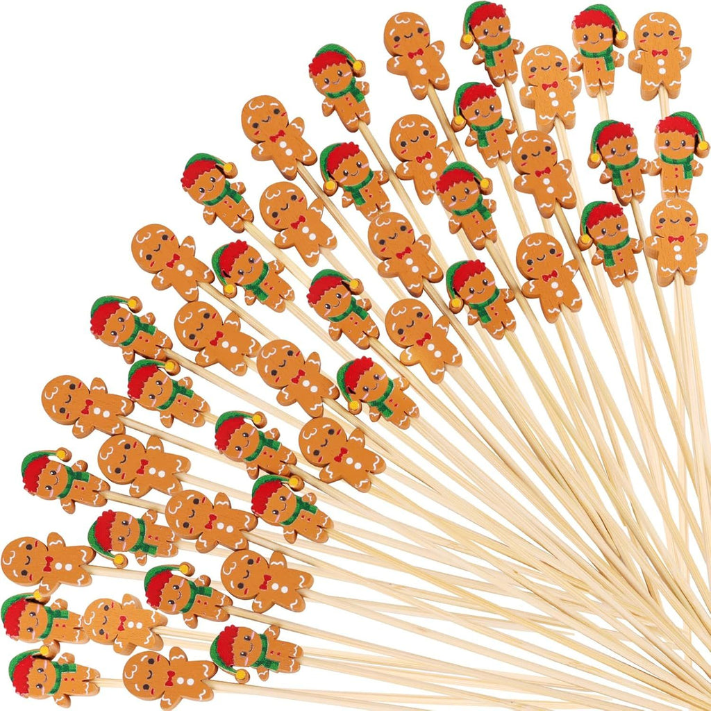 160cs Christmas Cocktail Picks,Gngerbread Man Bamboo Toothpicks Skewer for Appetizers Fruit Food Drink Cake Christmas Party Decoration