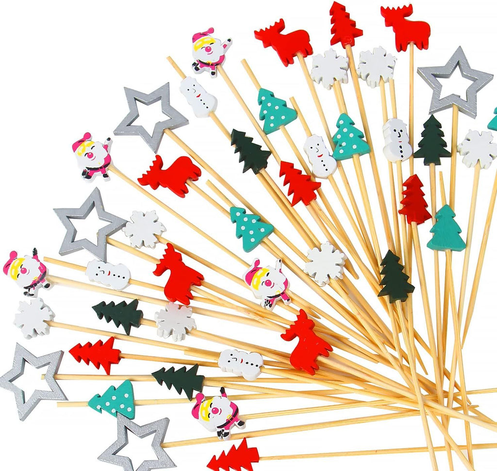 160pcs Christmas Cocktail Picks,Santa Claus Snowflake Christmas Tree Bamboo Toothpick for Drink Fruit Dessert Food Appetizers Christmas Party Decoration