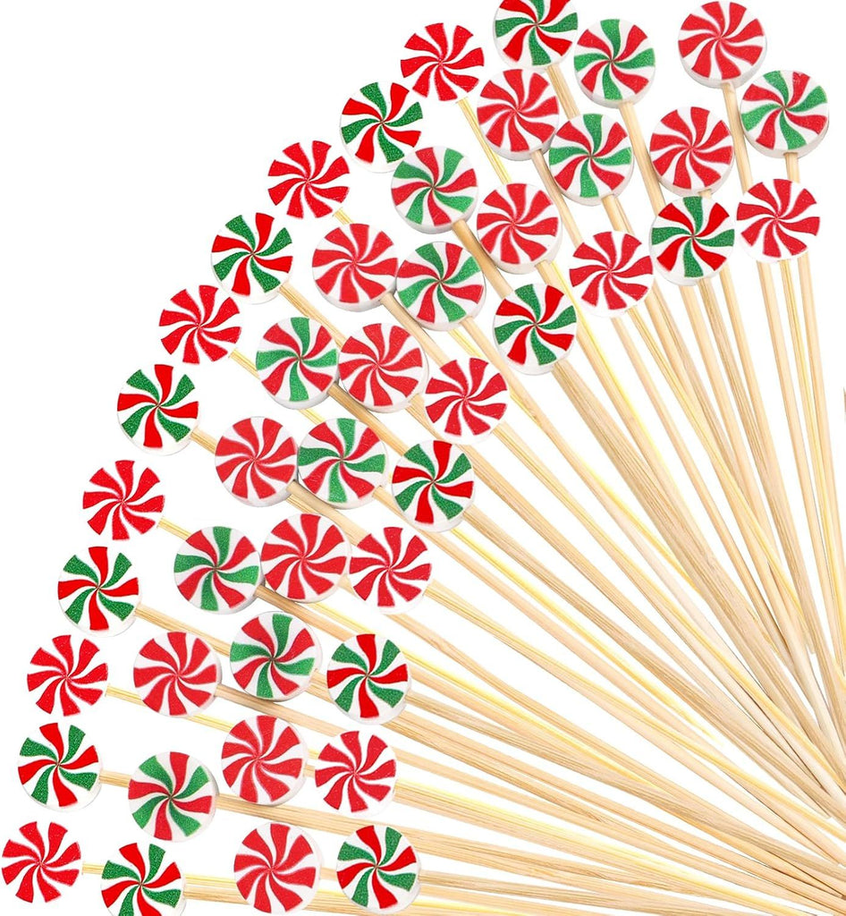 160pcs Christmas Cocktail Picks,Xmas Peppermint Candy Bamboo Toothpicks Skewer for Appetizers Fruit Food Cake Christmas Party Decoration