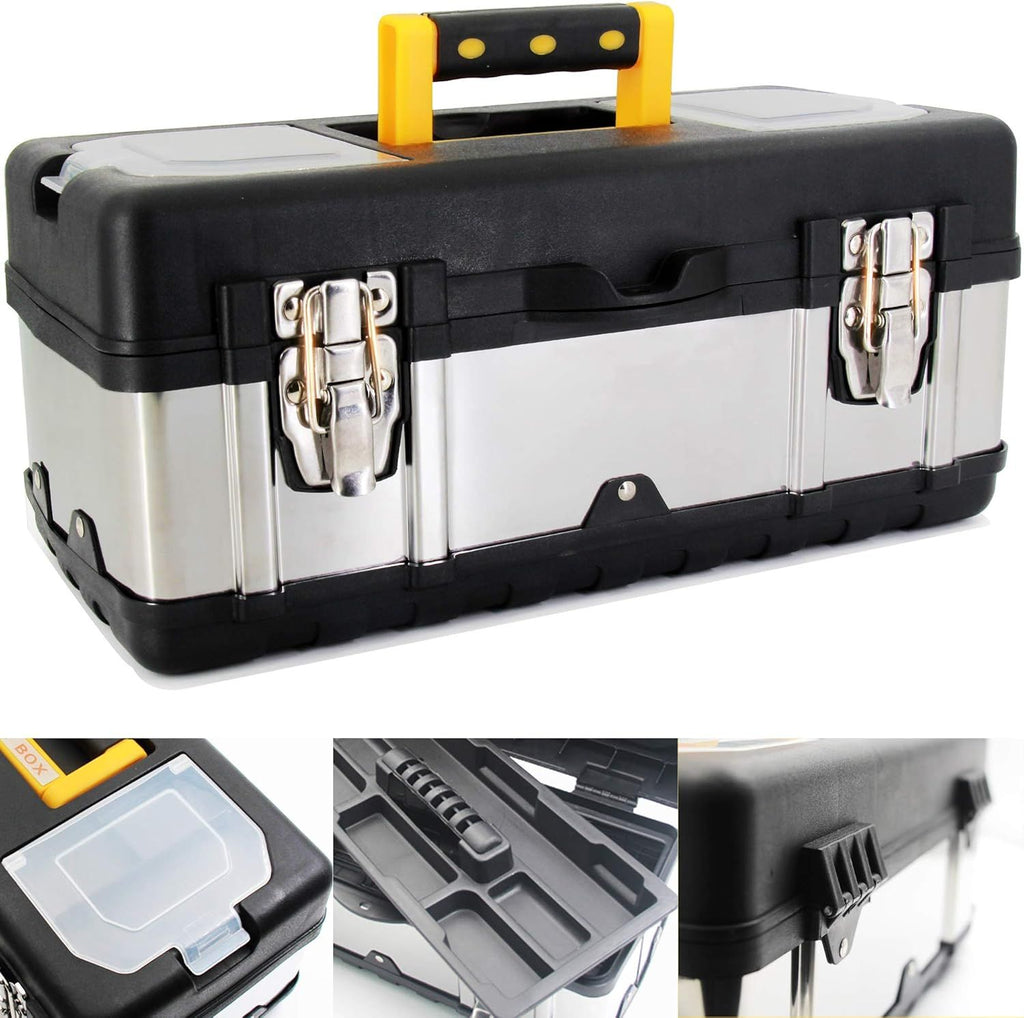 16.5-Inch Tool Box - Portable Lockable Storage, Stainless Steel & Plastic Construction - Removable Tray, Toolbox Organizer Truly Strong and Durable