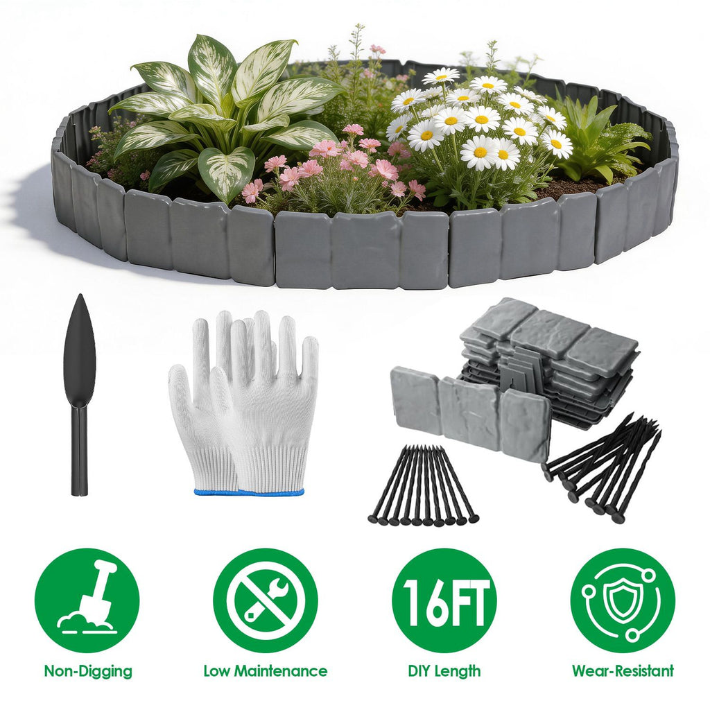 16FT Non-Digging Plastic Landscape Edging 20Pcs Faux Cobbled Stone Garden Borders with 20 Spikes Shovel Gloves Flexible Bendable for Flower Beds Pathways Tree Rings Garden Yard Lawn