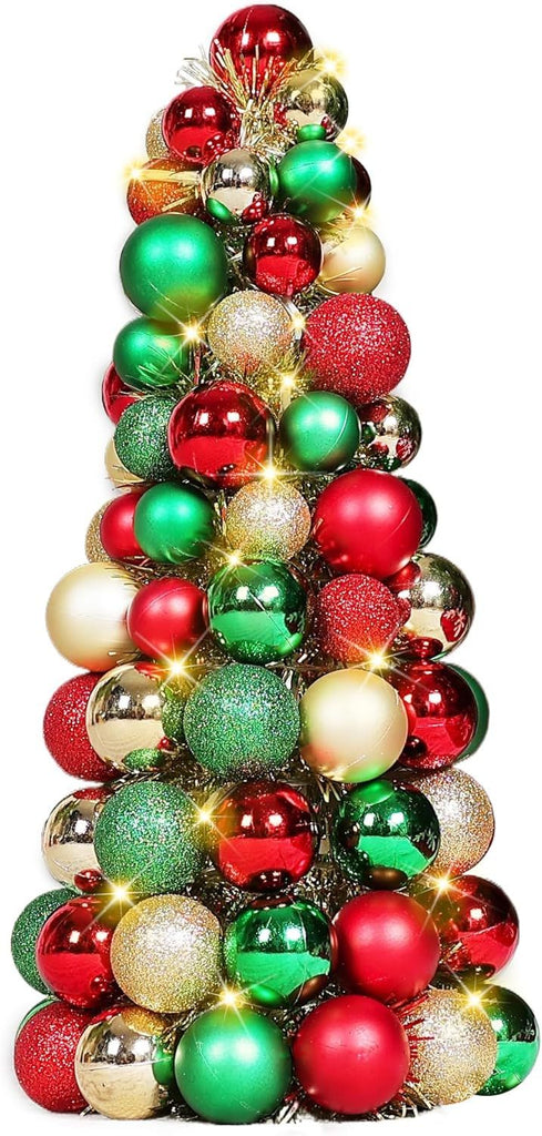 16in Christmas Ball Tree with LED Lights Table Centerpiece Fireplace Decor Indoor Holiday Party Home Decoration Red Gold Green