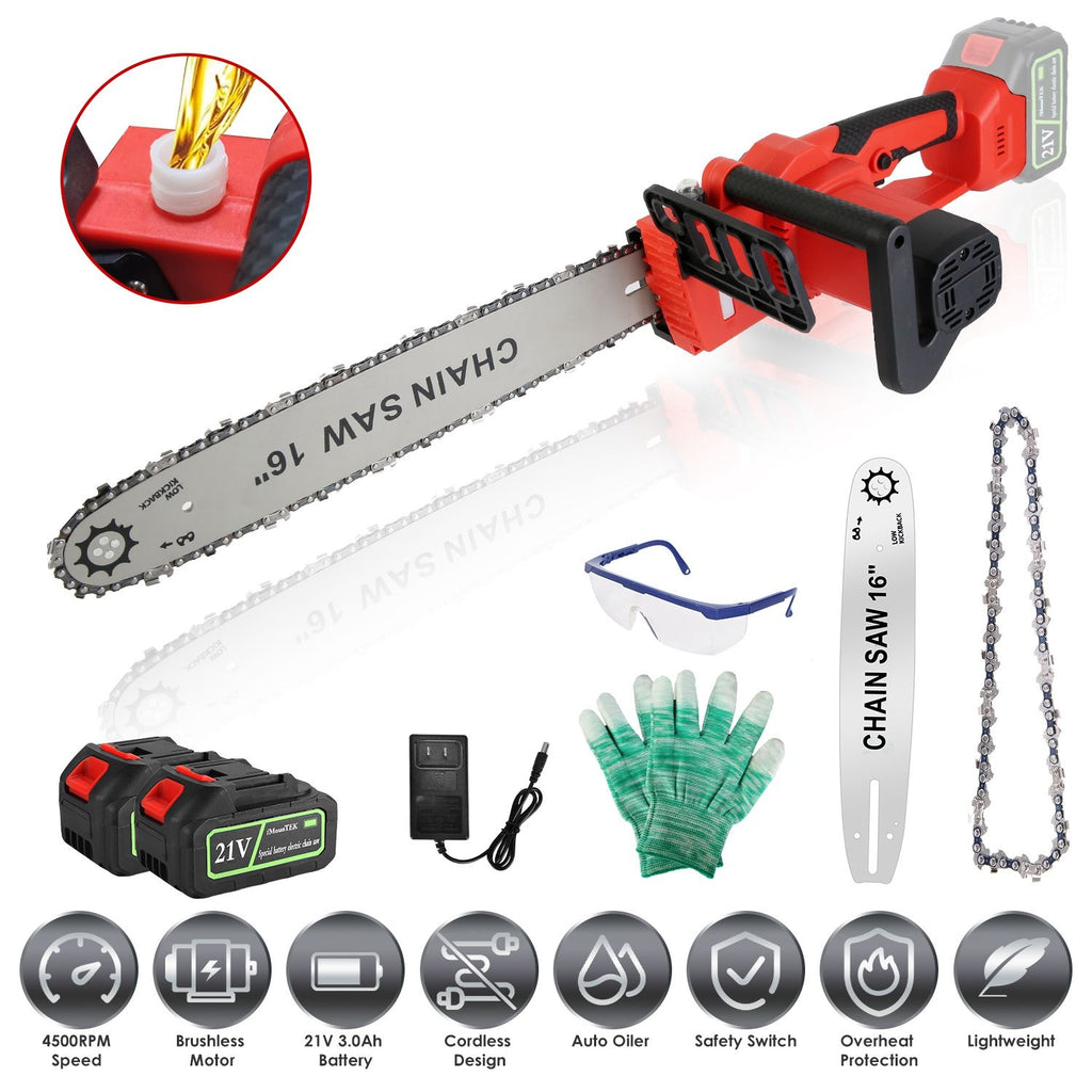 16Inch Electric Cordless Chainsaw With 2Pcs 21V 3.0Ah Battery and Charger Brushless Battery Operated Handheld Chainsaw With Auto Oiler Safety Switch for Tree Trimming Wood Cutting