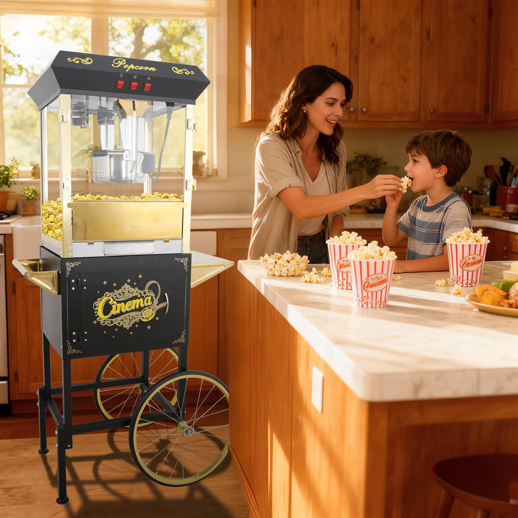 16Oz Commercial Popcorn Machine With Cart and 16 Oz Kettle , Movie Theater Popcorn Machine, Gold Black  Pop Corn Machine with 3-Switch Control & Steel Frame Tempered Glass Doors