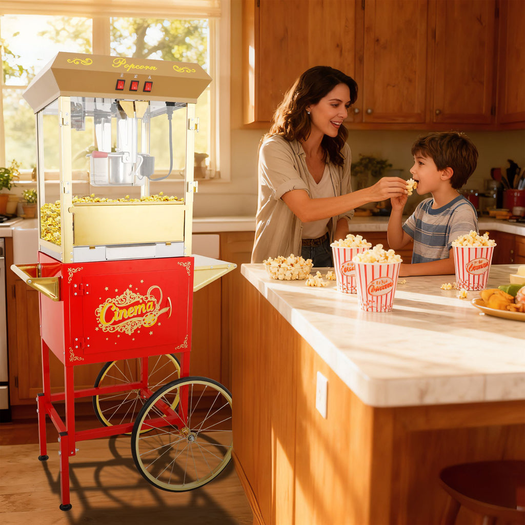 16Oz Commercial Popcorn Machine With Cart and 16 Oz Kettle , Movie Theater Popcorn Machine, Red Gold Pop Corn Machine with 3-Switch Control & Steel Frame Tempered Glass Doors
