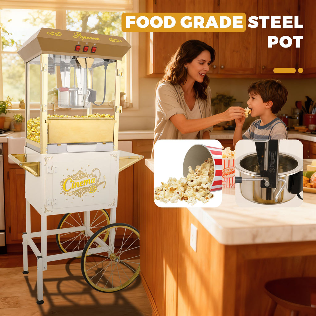 16Oz Commercial Popcorn Machine With Cart and 16 Oz Kettle , Movie Theater Popcorn Machine, White Gold  Pop Corn Machine with 3-Switch Control & Steel Frame Tempered Glass Doors
