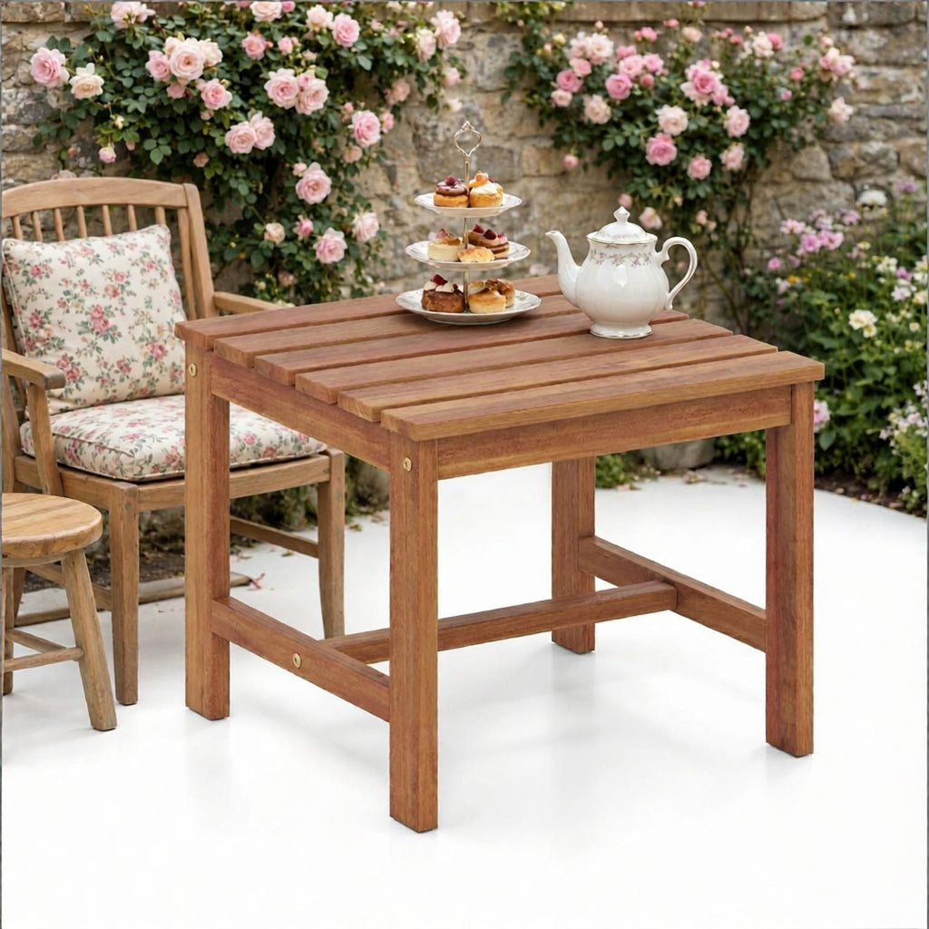 17' Square Patio Side Table Acacia Wood Slatted Tabletop Outdoor Coffee Table Rustic Woodside Table for Garden