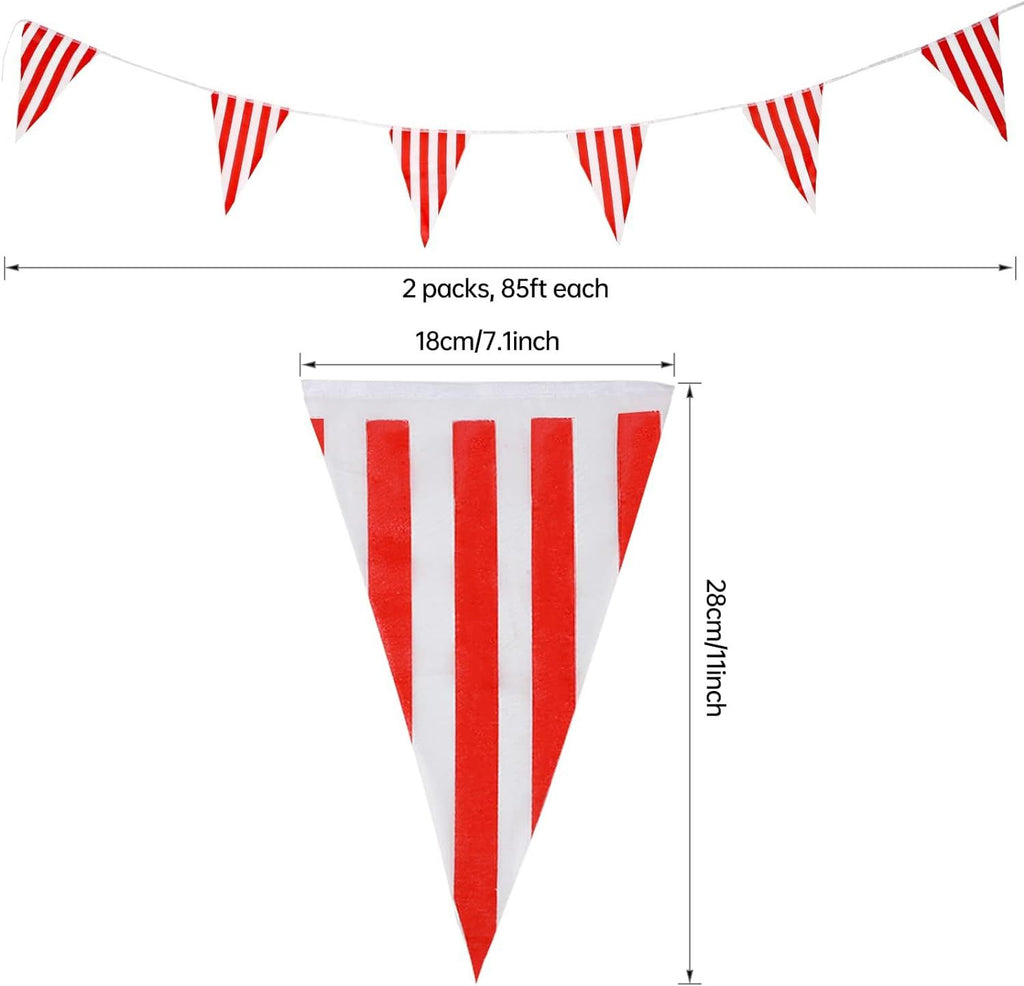 170ft 120pcs Red and White Striped Pennant Banner, Carnival Circus Decorations Supplies, String Triangle Bunting Flags, Kids Birthday, New Year Eve Celebration Supplies