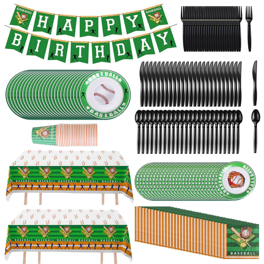 171Pcs Baseball Party Supplies Kit Baseball Birthday Party Disposable Dinnerware Set Baseball Themed Party Tableware Decorations Cups Plates Napkins Spoons Knives Forks Tableclothes