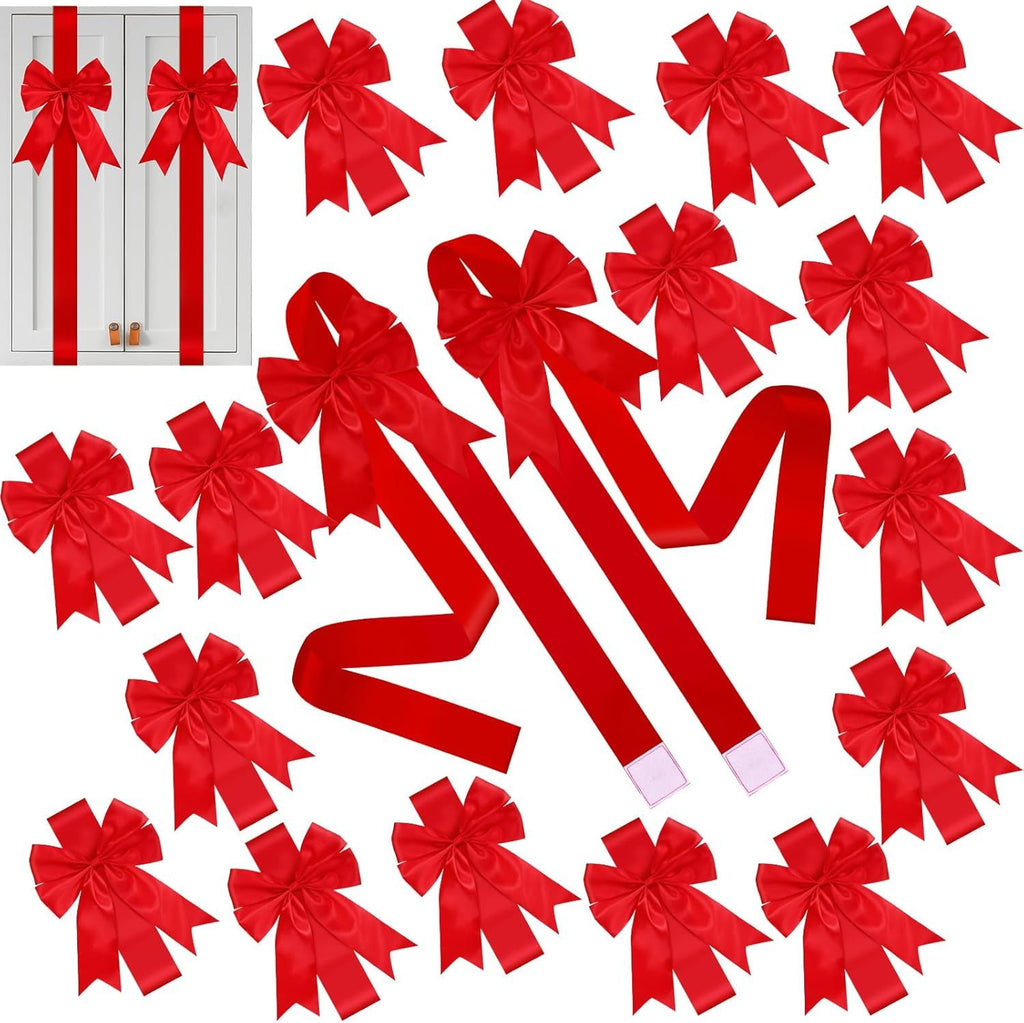 18 Pcs Christmas Cabinet Door Ribbons Bows 8 x 40 Inches Large Christmas Wreath Tree Bow for Gift Xmas Cabinets Furniture Kitchen Wrapping Party Decorations (Red)