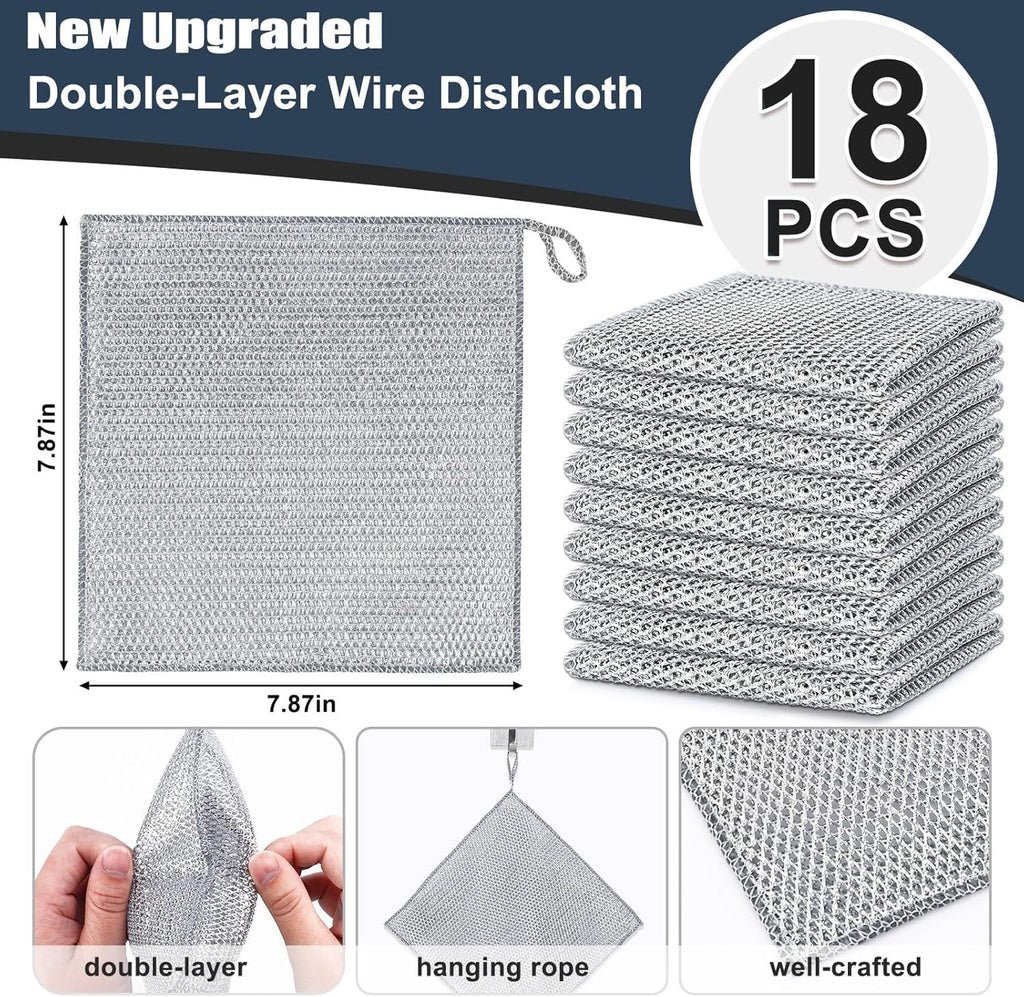 18 Pcs New Upgrade Steel Wire Dishcloth, Double-Layer Multipurpose Dishwashing Rag, Powerful Cleaning Non-Scratch Dishcloth Rag for Cookware, Sinks, Dishes, Stove Tops