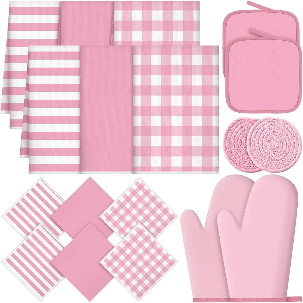 18 Pcs Pink Kitchen Decor Accessories Set Oven Mitts Pot Holders Kitchen Towels Dishcloths Oven Gloves Dish Towels Heatproof Potholders Pink and White Striped Gingham Plaid for Baking Cooking