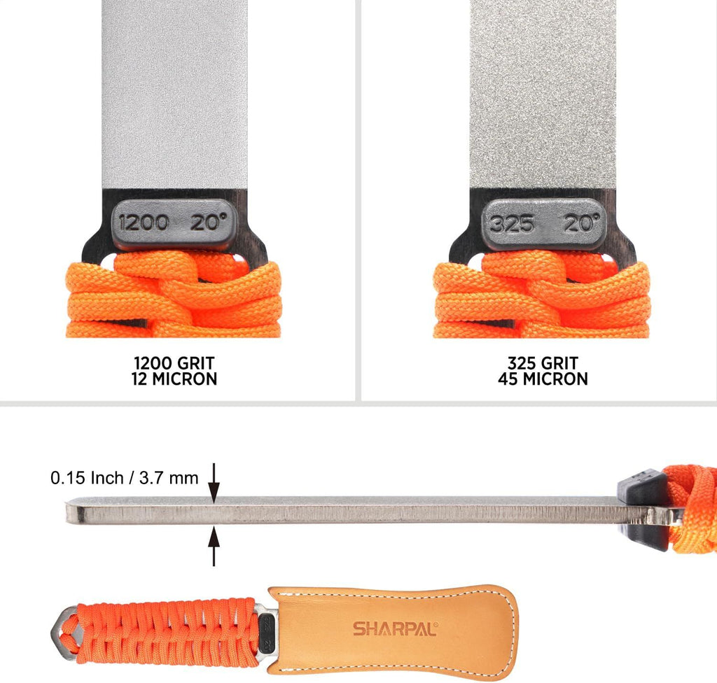 181N Dual-Grit Diamond Sharpening Stone File Garden Tool Knife Sharpener with Leather Strop Coarse 325 / Extra Fine 1200 Grit for Lawn Mower Blade, Axe, Hatchet, Hedge Shears, Chisels, Drills