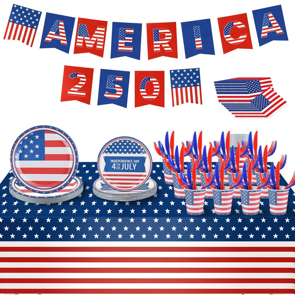 181Pcs 4th of July 250th Anniversary Party Supplies Set Independence Day Red White Blue Disposable Tableware with Plates Cups Cutlery Napkins Banner Tablecloth Serves 24 for Memorial Day National