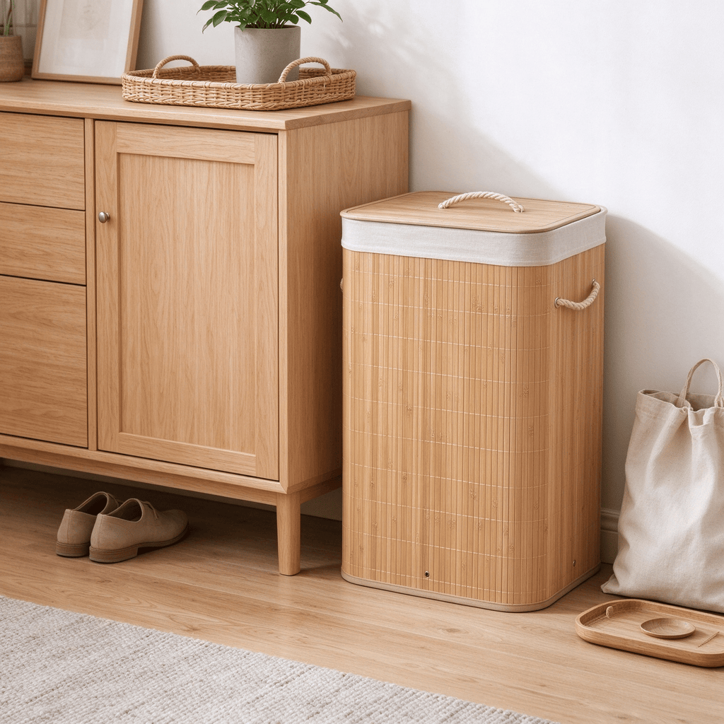 19 Gal Bamboo Clothes Hamper Portable with Removable Liner Large Capacity Hamper with Handles