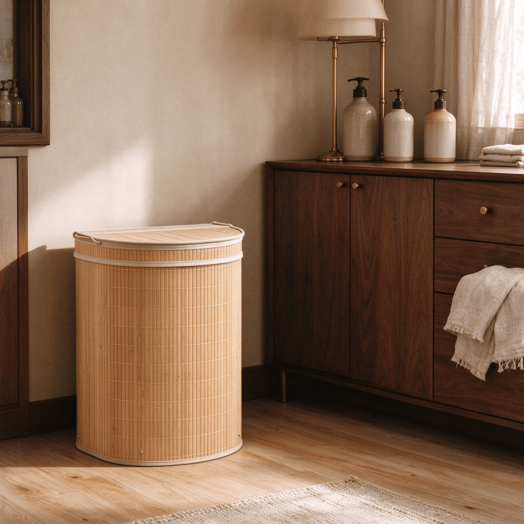 19 Gal Capacity Bamboo Laundry Hamper with Zippered Lid  for Home Gym Room