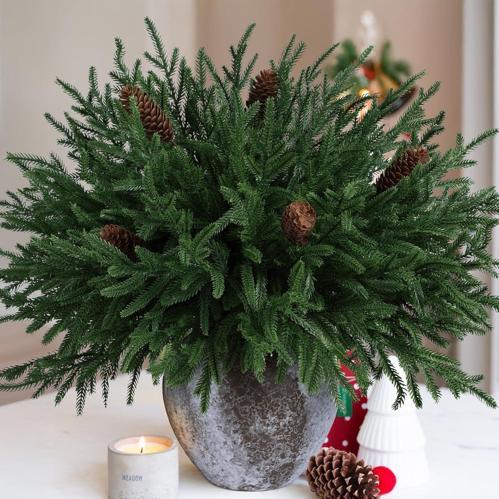 19 Inch Christmas Norfolk Pine Stems, 12PCS Real Touch Faux Cedar Pine with 5PCS Big Pine Cones Branches, Artificial DIY Greenery Stems Plastic Picks for Vase Indoor Outdoor Home Garden Décor
