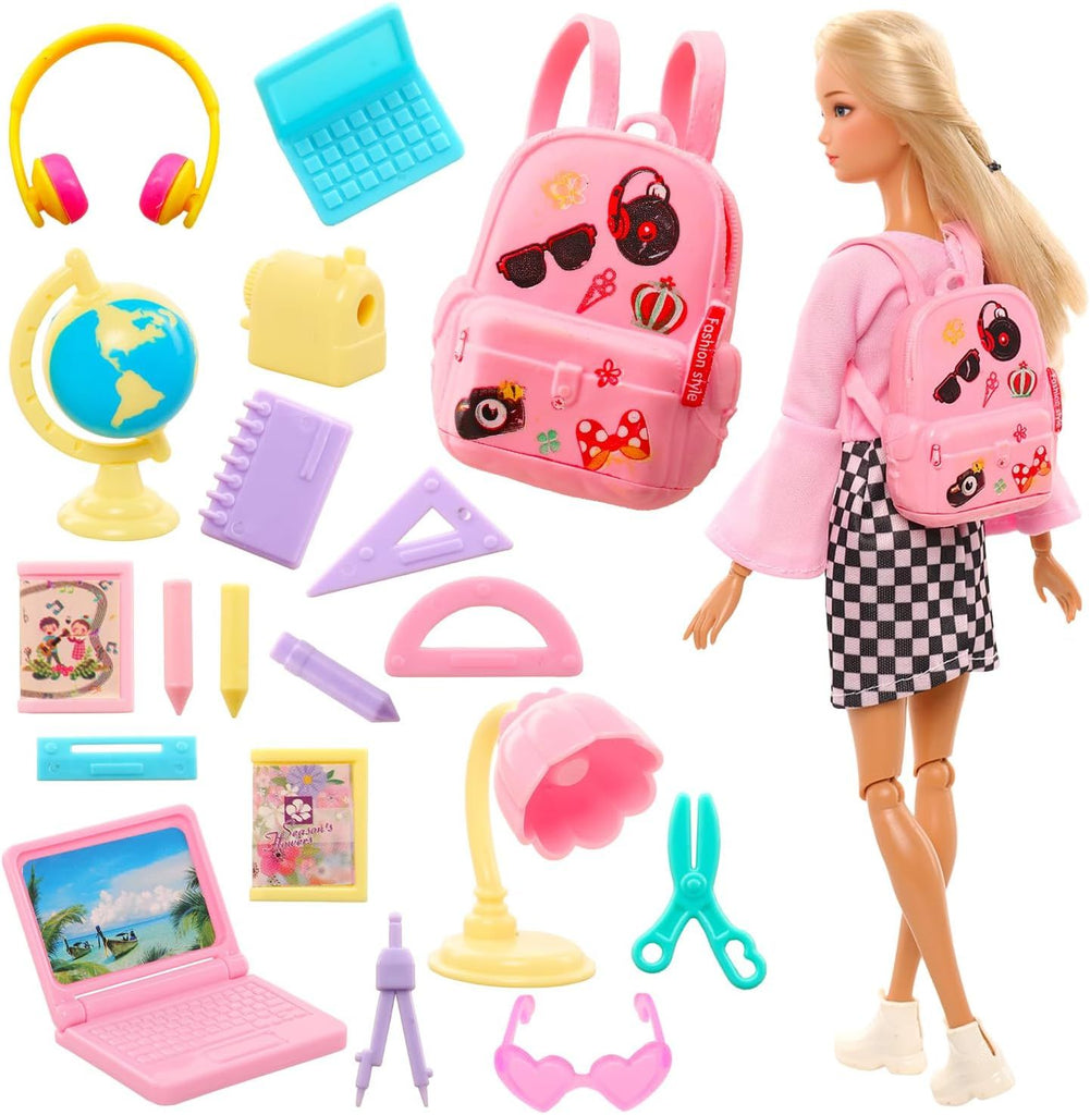 19 Pcs Girl Doll School Accessories Backpack Mini Desk Lamp Laptop Mini Globe Glasses and Headset for 11.5 Inch Doll School Playset