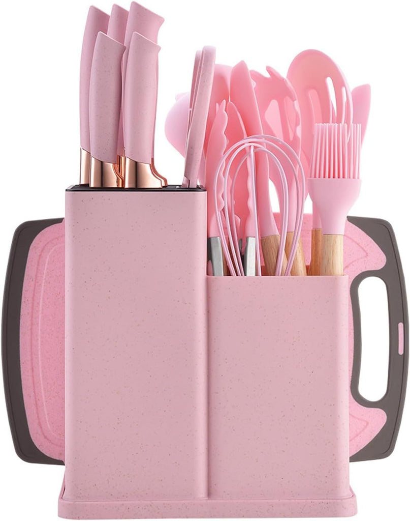 19 Piece Kitchenware Utensils and Knife Set- Includes: 9 Piece Silicone Cooking Utensils- 6 Piece Sharp Stainless Steel Chef Knives- Scissors -Whisk Tongs and Cutting Board