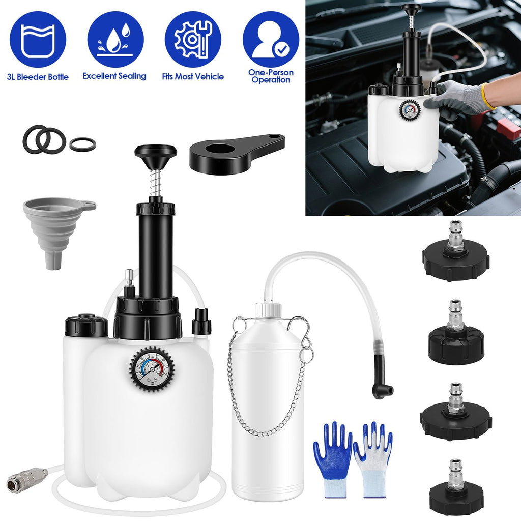 1Pc 3L Manual Brake Bleeder Kit One Person Brake Bleed Vacuum Pump Automotive Brake Fluid Bleeding Kit with 1L Waste Oil Bottle 4 Master Cylinder Adapters Gloves Funnel Fit for Most Vehicles