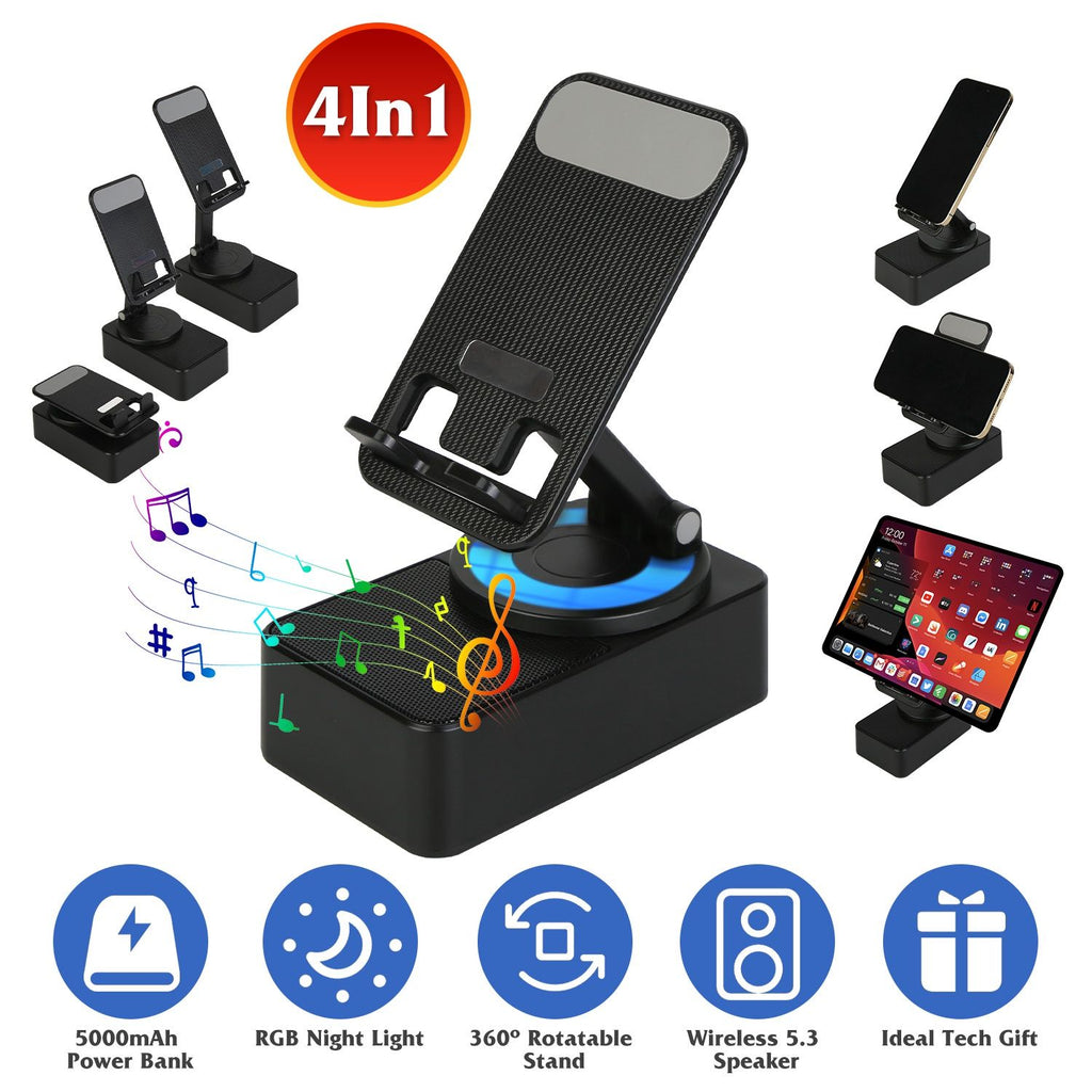 1Pc 4 In 1 Foldable Wireless Speaker Phone Stand With Power Bank 360ºRotatable Stand Wireless 5.3 Speaker 5000mAh Battery RGB Light for Phones iPads