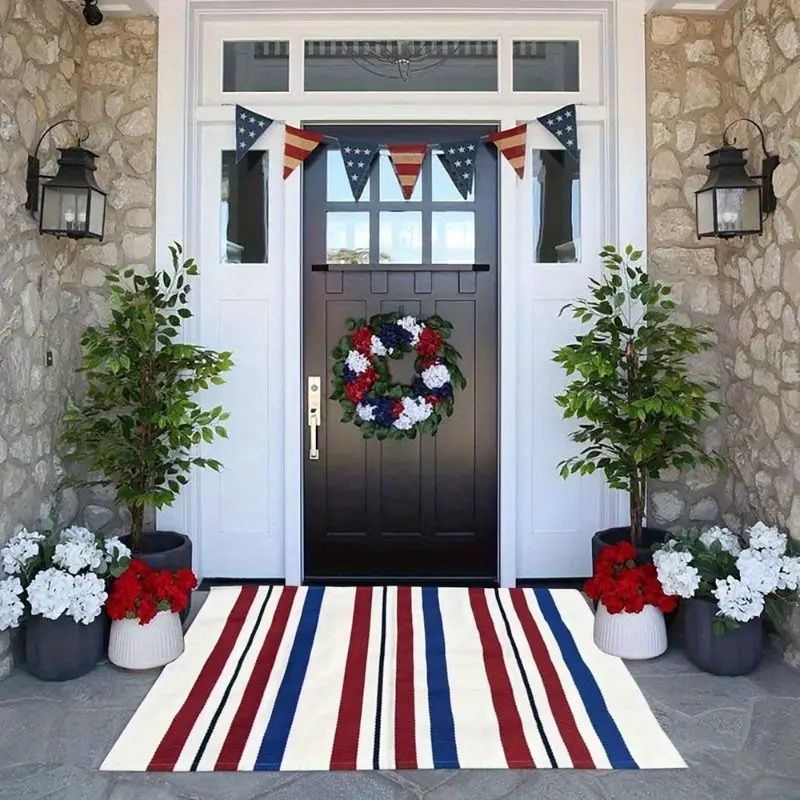 1pc 4th of July Patriotic Door Mat - Blue White Red Striped Welcome Mat with Stars & Stripes Design, Durable Non-Woven Fabric & Rubber Backing, Hand Wash Only Farmhouse Porch Decor for Independence Da