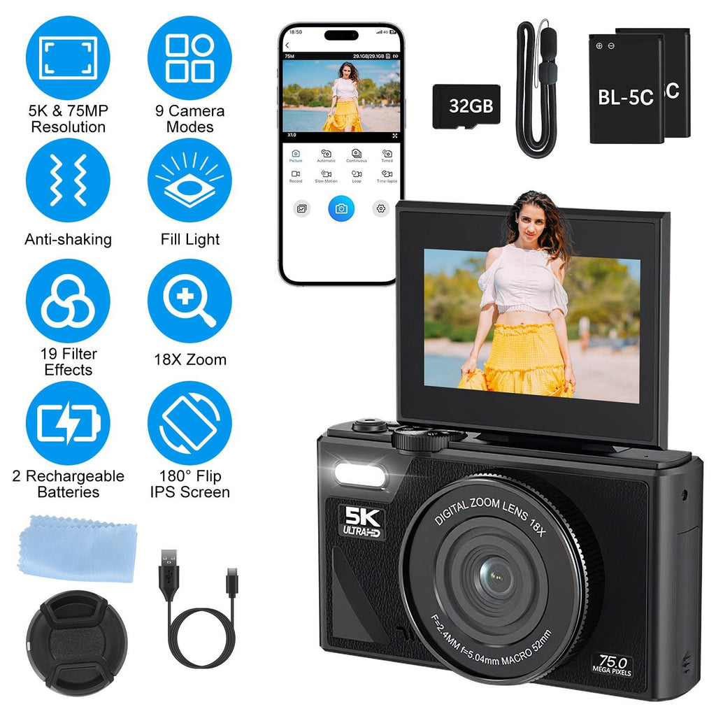 1Pc 5K 75MP Digital Camera for Photography Anti-Shake WiFi Vlogging Video Camera with 9 Shooting Modes 18X Zoom Fill Light Webcam Function 2 Batteries 32G MMC Card 180°Flip IPS Screen