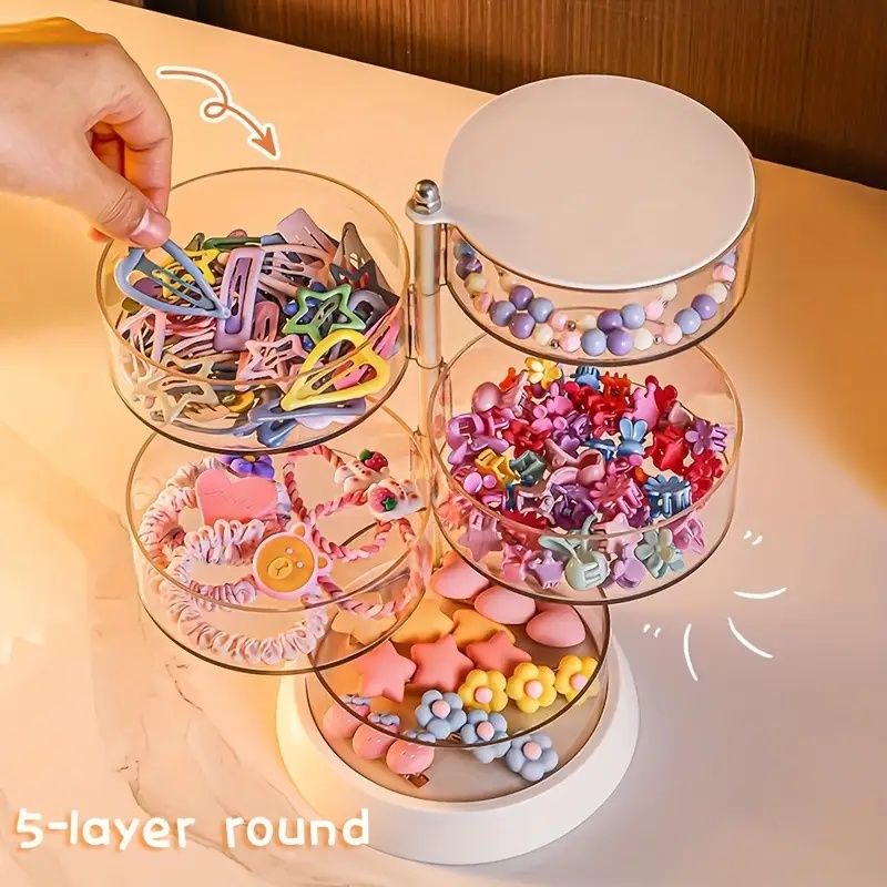 1pc Cosmetic Organizer, Plastic 360° Rotating Vanity Storage with Clips, Multi-Tiered for Makeup, Jewelry & Accessories, Freestanding Brushed Finish, <27 Inches Height, <3.2 Cubic Feet Capacity