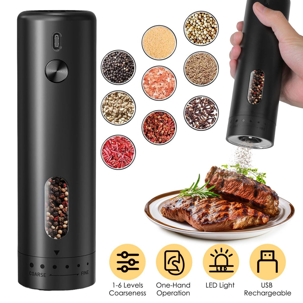 1Pc Electric Pepper Grinder USB Rechargeable Pepper Mill Automatic Salt Grinder with 6 Adjustable Coarseness LED Light 110ML/3.72OZ Container One Hand Operation for Kitchen Essential