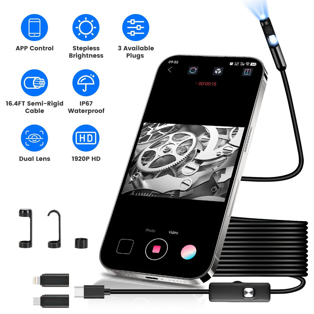 1Pc Endoscope Camera 1920P HD IP67 Waterproof Inspection Borescope Tool with Light and 8+1 Dual Lens 16.4ft Semi-Rigid Snake Cable Stepless Brightness APP Control for iOS and Android
