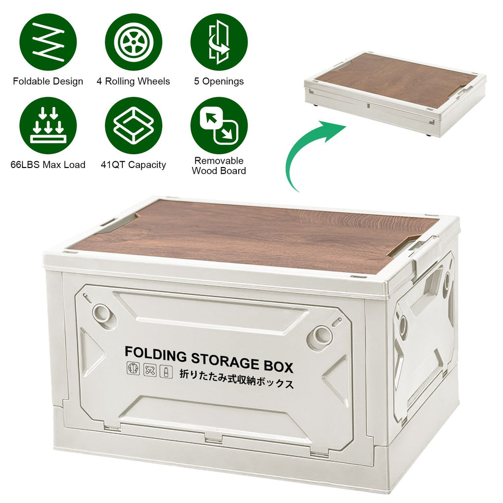 1Pc Folding Storage Bin Camping Collapsible Organizer Box Stackable Grocery Container Shelf Baskets with Cutting Board Top Lid 4 Side Lockable Doors Wheels for Camping Home Car RV