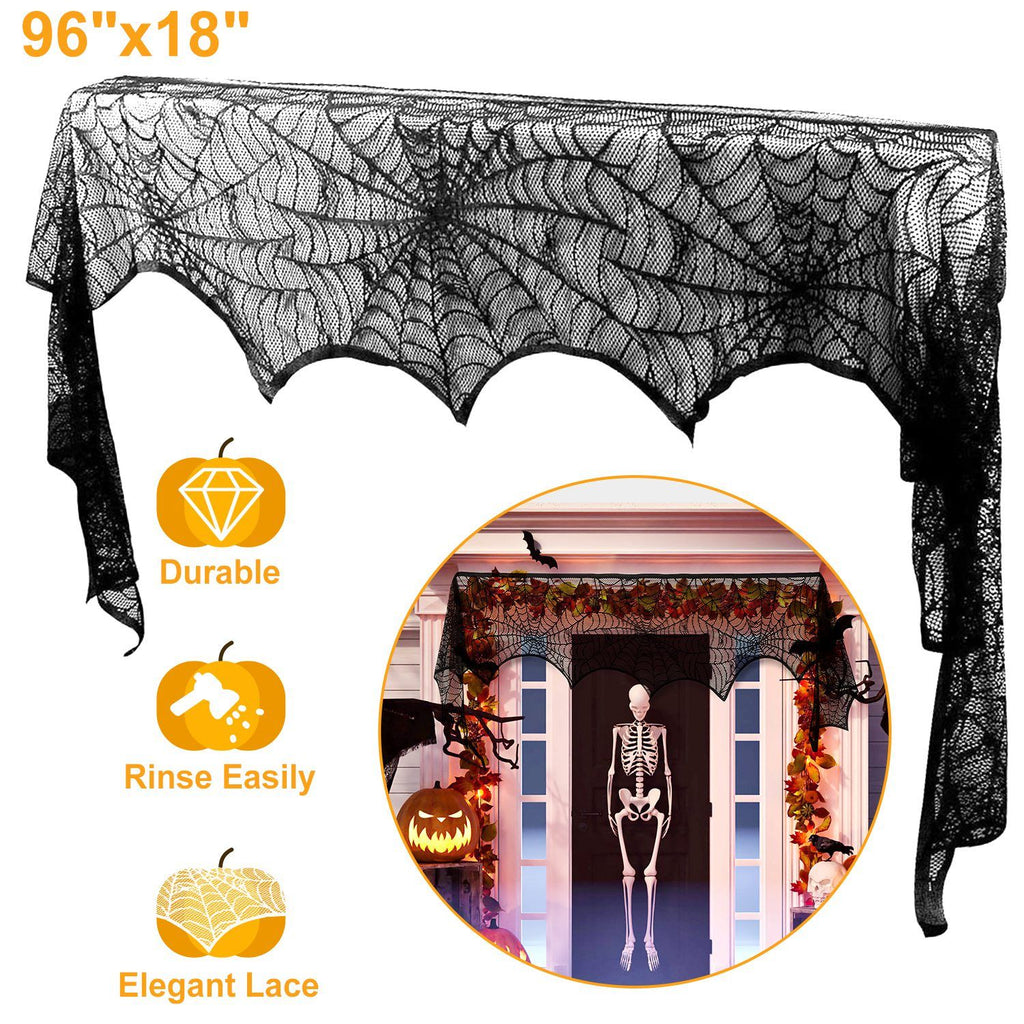 1Pc Halloween Decoration Black Lace Spiderweb Fireplace Mantle Scarf Cover Festive Party Supplies Fireplace Scarf 96 x 18 inch for Halloween Christmas Party Door Window Decoration