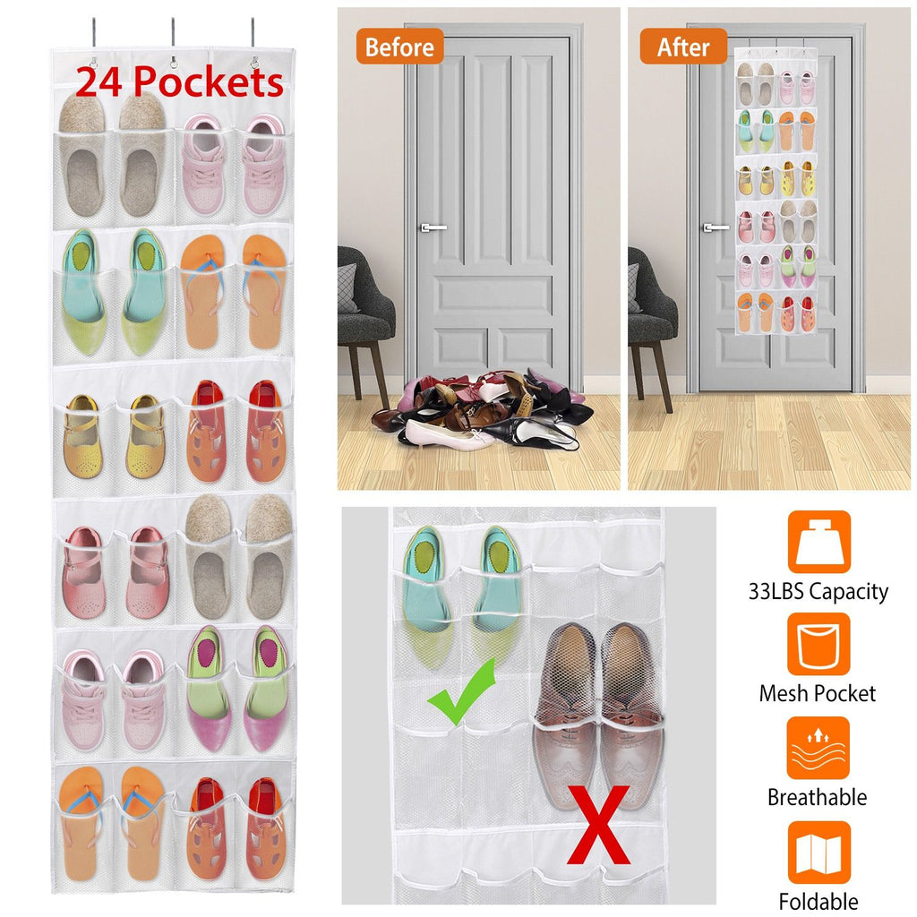 1Pc Over the Door Shoes Rack 24-Pocket Crystal Clear Organizer 6-Layer Hanging Storage Shelf for Shoes Slippers Small Toys Closet Cabinet