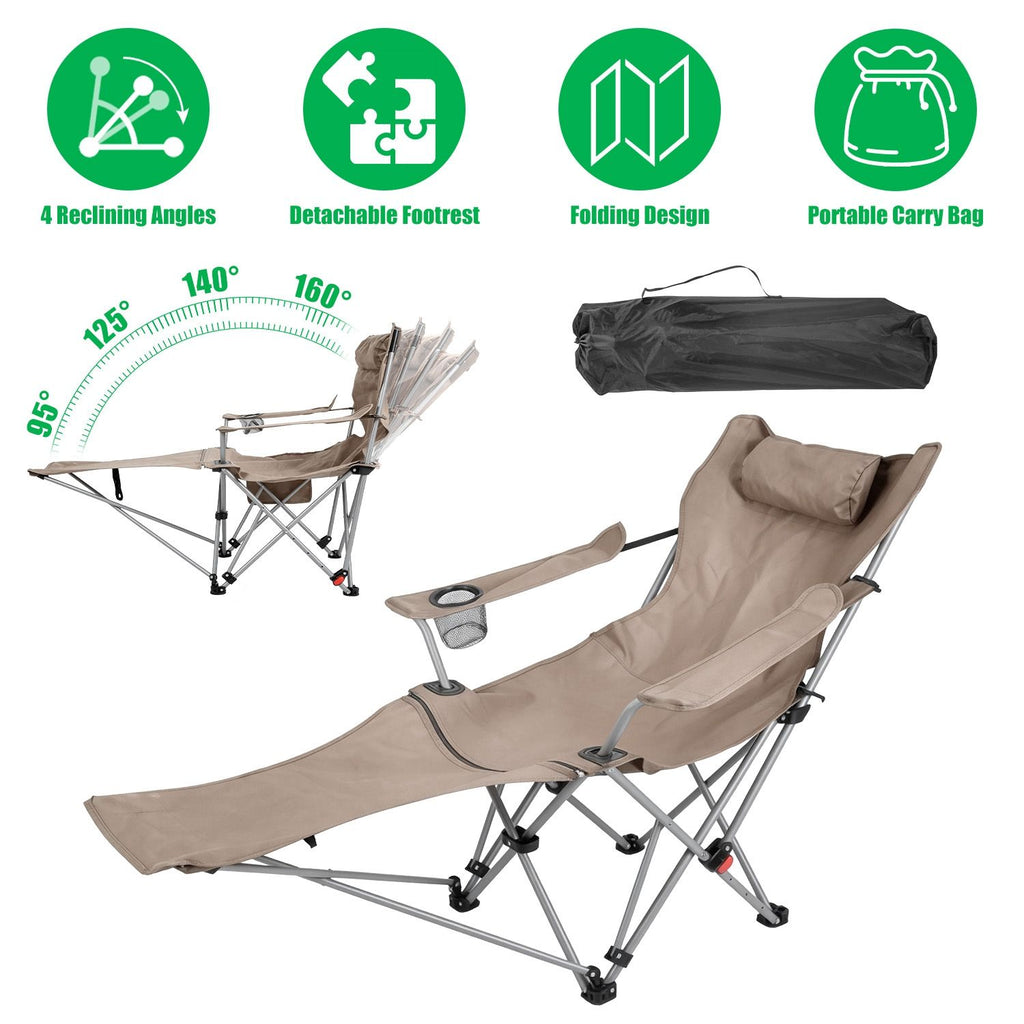 1Pc Reclining Camping Chair with Footrest 4-Position Adjustable Outdoor Folding Chair Heavy Duty Portable Camping Lounge Chair with Headrest Cup Holder & Side Pocket for Outdoor Beach Patio Travel