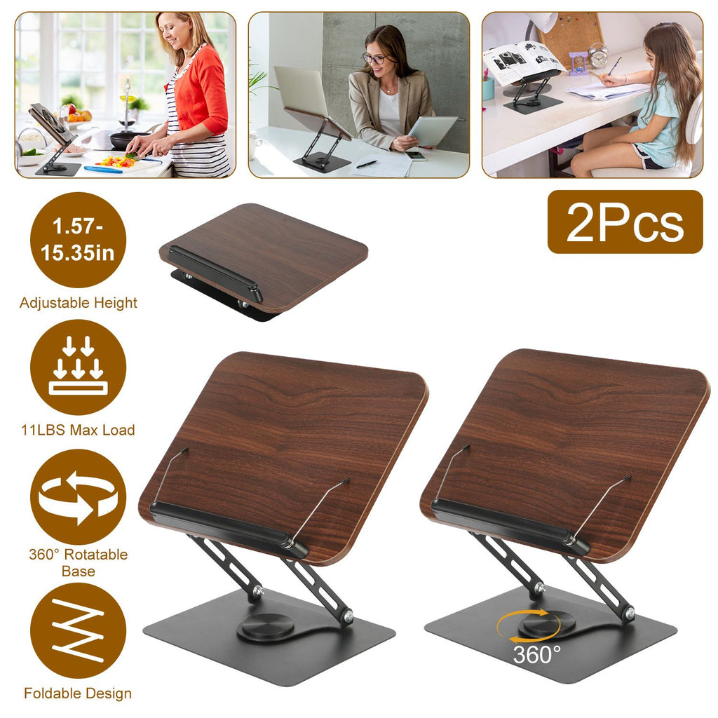 1Pc/2Pcs Book Stand for Reading Foldable Wood Book Holder Reading Rack Paper Stand with Adjustable Height 360° Rotatable Base Dual Paper Clips for Book Sheet Music Laptop Drawing Tablet