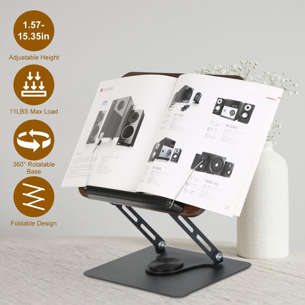 1Pc/2Pcs Book Stand for Reading Foldable Wood Book Holder Reading Rack Paper Stand with Adjustable Height 360° Rotatable Base Dual Paper Clips for Book Sheet Music Laptop Drawing Tablet
