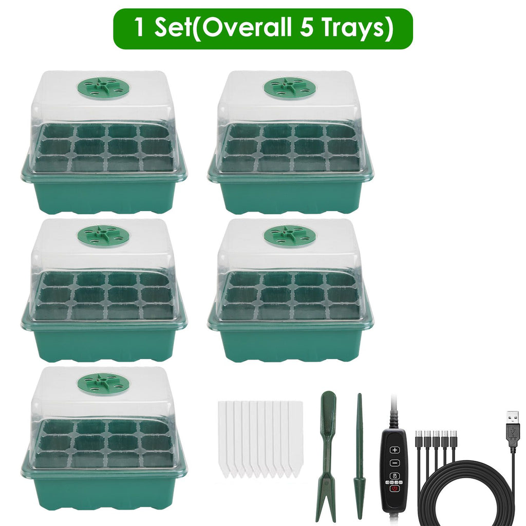 1Set(Overall 5Pcs Trays)/2Set (Overall 10 Trays) Options Seed Starter Tray With Grow Light Humidity Dome Germination Kit with 5-Level Brightness 4 Timers for Indoor Greenhouse