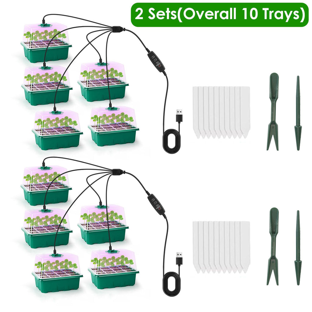 1Set(Overall 5Pcs Trays)/2Set (Overall 10 Trays) Options Seed Starter Tray With Grow Light Humidity Dome Germination Kit with 5-Level Brightness 4 Timers for Indoor Greenhouse
