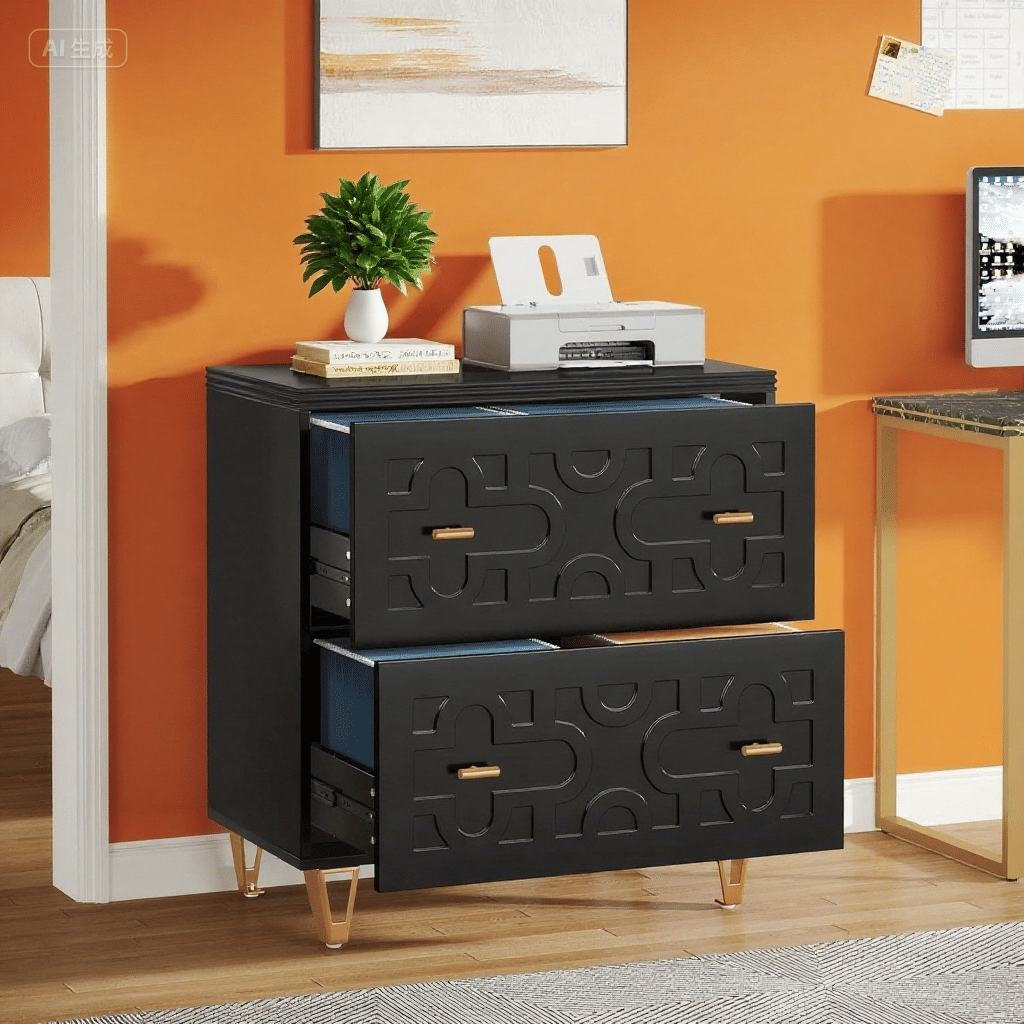 2-Drawer Lateral File Cabinet, Modern Black Filing Cabinet for Home Office, Black and Gold