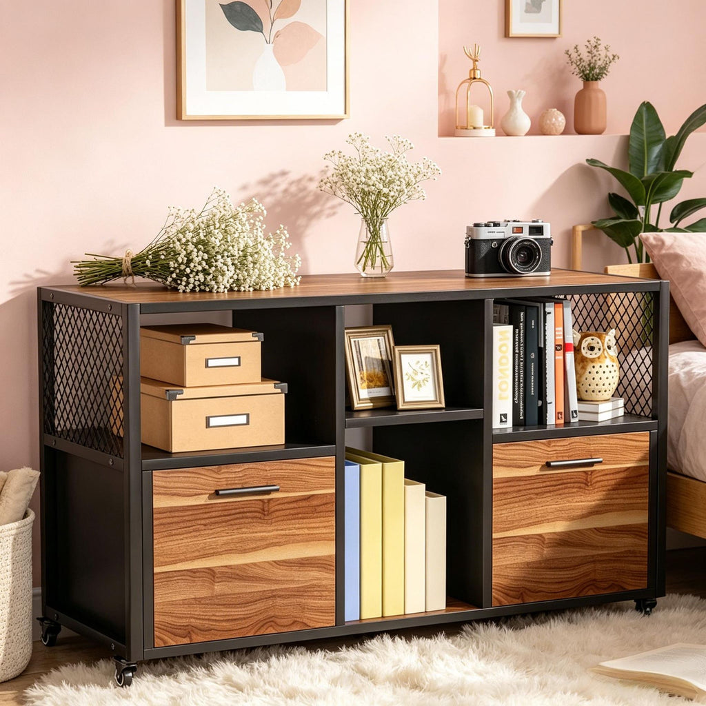 2 Drawer Wood Mobile Lateral File Cabinet - Vertical Filing Cabinet for Home Or Office Organization