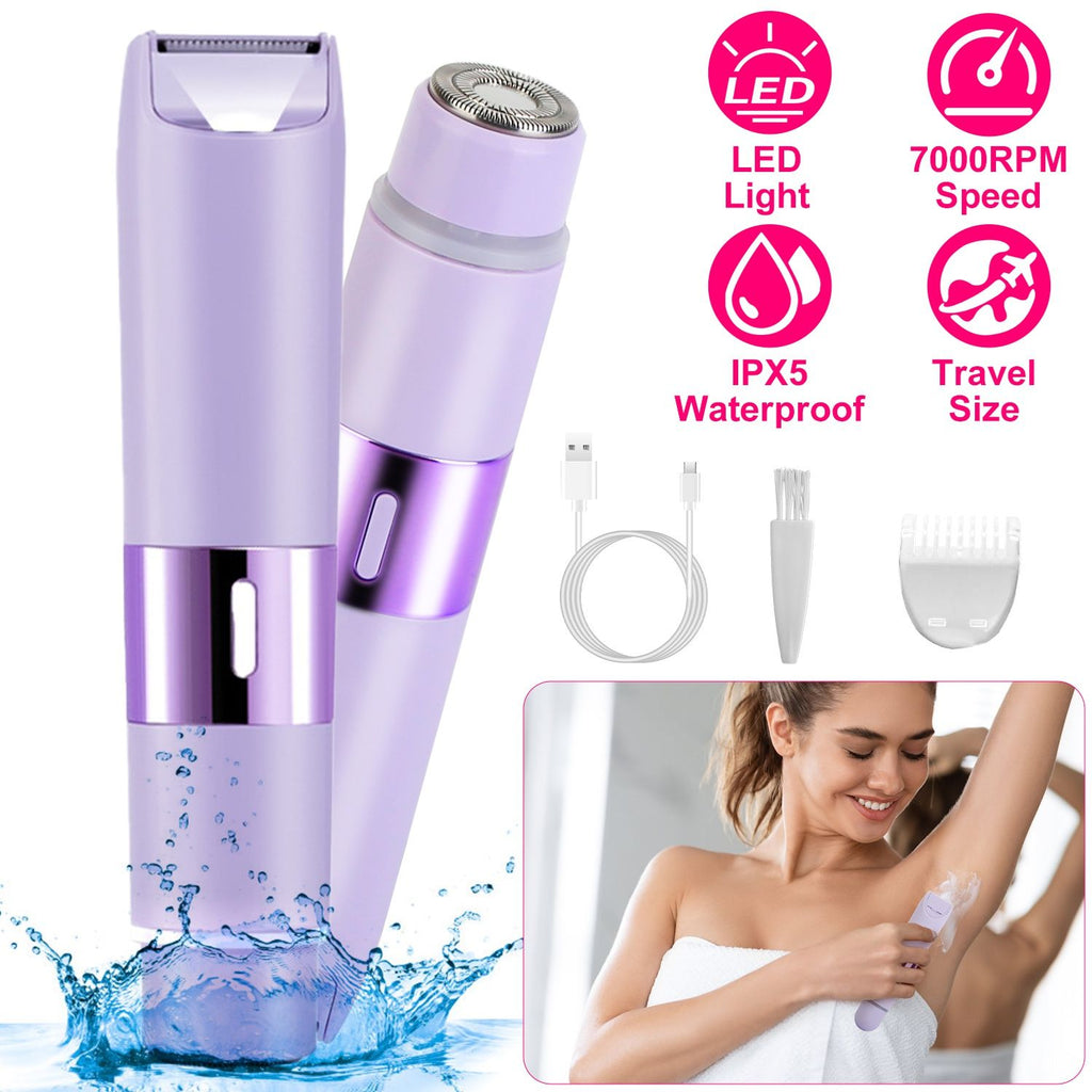 2 In 1 Bikini Trimmer for Women Dual Head Cordless Body Shaver IPX5 Waterproof Rechargeable Pubic Hair Razor Wet And Dry Use for Bikini Underarm Leg Arm Body Face