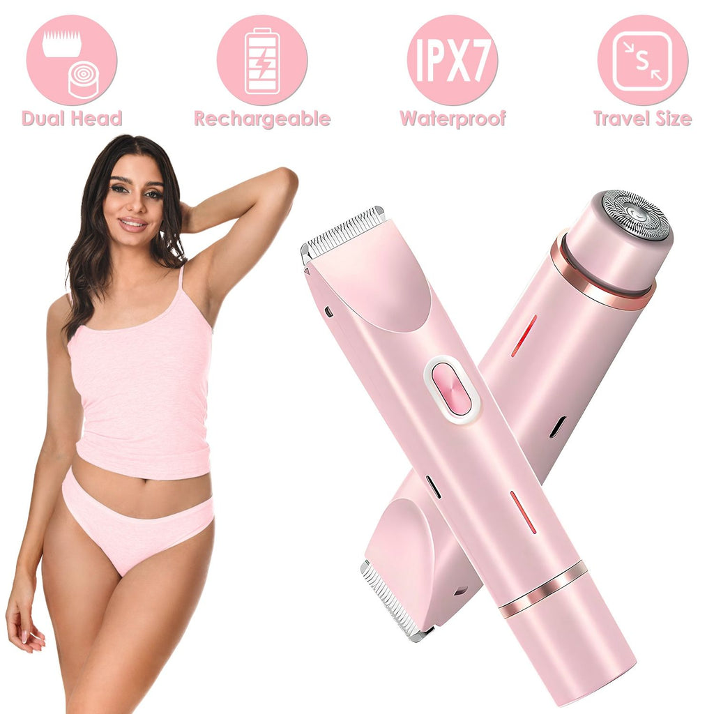 2 In 1 Bikini Trimmer for Women Dual Head Cordless Body Shaver IPX7 Waterproof Rechargeable Pubic Hair Razor Wet And Dry Use for Bikini Underarm Leg Arm Body Face