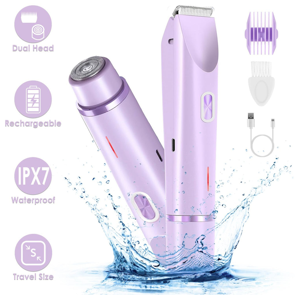 2 In 1 Bikini Trimmer for Women Dual Head Cordless Body Shaver IPX7 Waterproof Rechargeable Pubic Hair Razor Wet And Dry Use for Bikini Underarm Leg Arm Body Face
