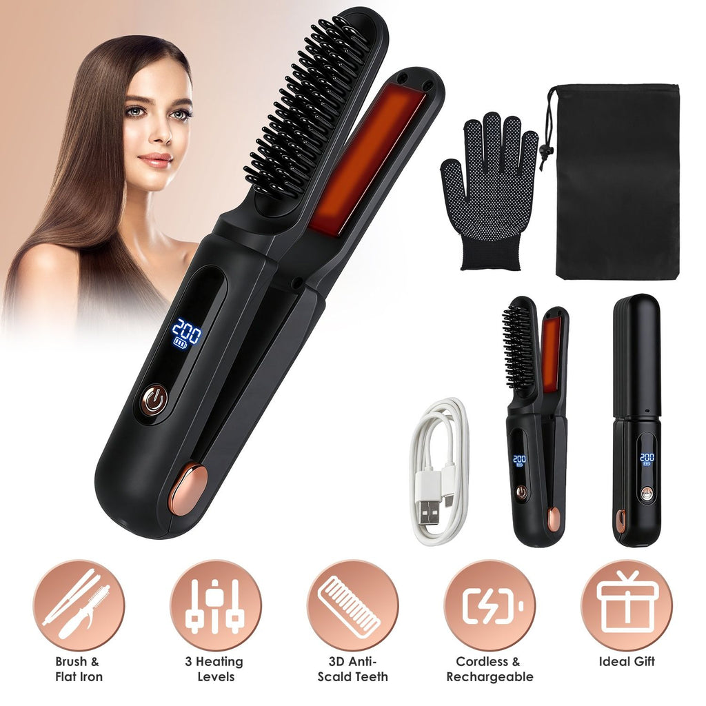 2 In 1 Ceramic Hair Straigh2 In 1 Ceramic Hair Straightener Flat Iron Cordless Htener Flat Iron Cordless Hair Straightener Brush Hair Portable Styling Iron with Carry Bag Anti-scald Gloves 2 Hairpins